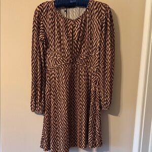 Zara Long-Sleeve Brown and Cream Geometric Dress